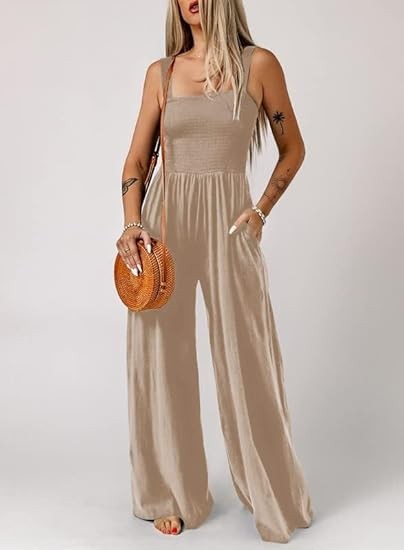 Women's Casual Loose Overalls Jumpsuits One Piece Sleeveless Wide Leg Long Pant Rompers With Pockets