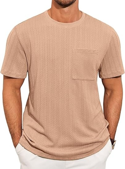 Mens Short Sleeve T-Shirts Casual Knit Texture Crewneck Pocket Tee Tops Loose Fit Summer Shirt