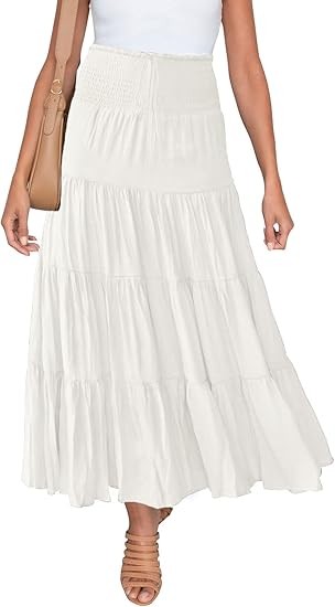 Women's Summer Flowy Boho Maxi Skirt Trendy Drawstring Elastic High Waist Pleated Tiered A Line Beach Long Skirts