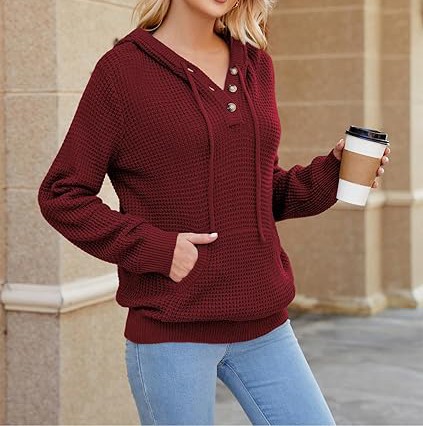 Fall Womens Oversized Hoodies Knit V Neck Sweaters Fashion Casual Pullover Tops