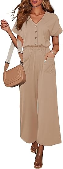 Womens Jumpsuits Dressy Summer Outfits 2025 Casual Short Sleeves Button Down Wide Leg Rompers with Pockets