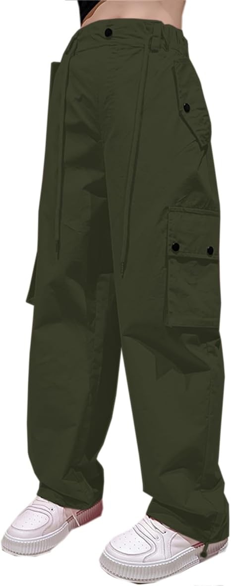 Girls&Womens High Waist Parachute Pants Y2K Cargo Trousers with Pockets 6 Years-Women 2XL